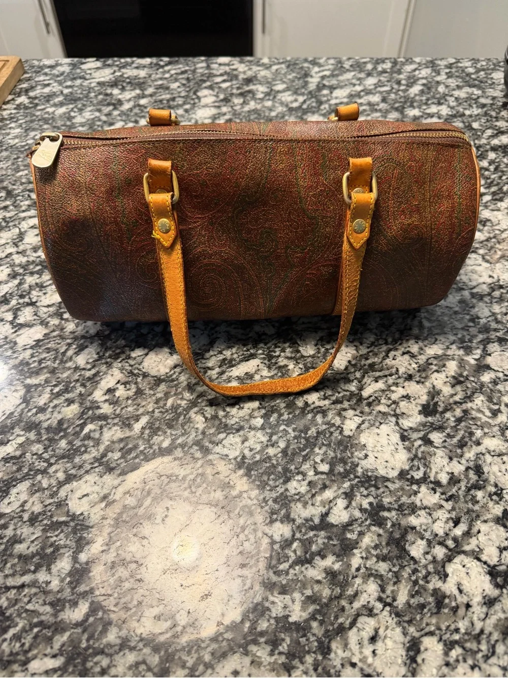 Etro Brown Paisley Barrel Bag with Tan Leather Straps